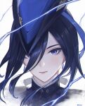  1girl absurdres blue_hair clorinde_(genshin_impact) commentary genshin_impact hat highres long_hair looking_at_viewer mrrd5723 portrait solo tricorne violet_eyes white_background 