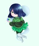  amber_lightvale blue_hair glitchtale green_background green_eyes green_shirt highres sad shirt short_hair skirt 