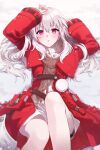  1girl absurdres brown_sweater clara_(honkai:_star_rail) coat dress highres honkai:_star_rail honkai_(series) long_hair lying on_back pom_pom_(clothes) red_coat seri_(serqxca) snow sweater violet_eyes white_dress white_hair 