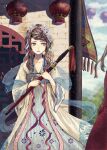  1girl architecture banner blue_eyes braid brown_hair chinese_clothes clouds collarbone day dress east_asian_architecture floral_print flower hagoromo hair_flower hair_ornament hanfu highres holding holding_sword holding_weapon jewelry lantern light_particles long_hair long_sleeves looking_to_the_side original outdoors paper_lantern parted_lips qixiong_ruqun ribbon ruqun sash scabbard shawl sheath sheathed sky solo standing swept_bangs sword takeda_hotaru tassel weapon wide_sleeves 