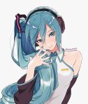  1girl blue_eyes blue_hair blue_nails blue_necktie blush collarbone collared_shirt derivative_work detached_sleeves grey_background hatsune_miku hatsune_miku_(noodle_stopper) head_tilt headphones highres leaning_to_the_side looking_at_viewer meme necktie photo-referenced shirt side_ponytail sidetail_miku_noodle_stopper_(meme) smile solo sumustard twitter_username upper_body vocaloid 