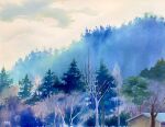  bare_tree blue_sky building clouds cloudy_sky day didi_daisukedoi forest highres nature no_humans original painting_(medium) pine_tree scenery sky traditional_media tree watercolor_(medium) 