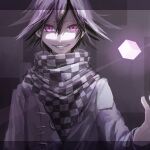  1boy black_scarf buttons checkered_clothes checkered_scarf commentary_request cube danganronpa_(series) danganronpa_v3:_killing_harmony double-breasted fingernails glowing grin hair_between_eyes jacket letterboxed long_sleeves looking_at_viewer male_focus nagichiro oma_kokichi outstretched_hand pink_eyes purple_background purple_theme scarf short_hair simple_background smile solo straight-on two-tone_scarf upper_body violet_eyes white_jacket white_scarf white_sleeves 