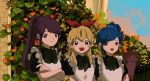  3girls aikatsu! aikatsu!_(series) alternate_costume apron black_shirt blonde_hair blue_eyes blue_hair bow brown_eyes bush closed_mouth collared_shirt crossed_arms enmaided flower green_ribbon hair_bow hair_ornament hair_scrunchie hoshimiya_ichigo kiriya_aoi lineup long_hair looking_at_viewer maid maid_apron matching_outfits multiple_girls neck_ribbon open_mouth orange_flower osouzai-kun ponytail purple_hair red_bow ribbon scrunchie shibuki_ran shirt short_hair short_sleeves side_ponytail smile standing swept_bangs violet_eyes yellow_flower 