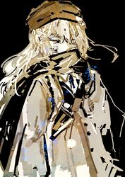  1girl beanie black_background blonde_hair collarbone commentary_request cowboy_shot error_0725 girls_frontline hair_ornament hat highres long_hair long_sleeves looking_at_viewer one_eye_closed scar-l_(girls'_frontline) scarf shirt sidelocks solo 