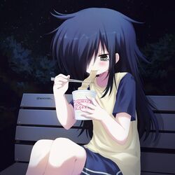 1girl 2000s_(style) artist_name bags_under_eyes bench black_hair blush chopsticks commentary crying eating food green_eyes hair_over_one_eye hashtag-only_commentary highres jelly_(bonnybel) kuroki_tomoko long_hair noodles outdoors ramen ramen shirt shorts sitting solo watashi_ga_motenai_no_wa_dou_kangaetemo_omaera_ga_warui! 