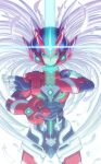  1boy armor blue_eyes energy_blade feathers gloves hashtag-only_commentary helmet hi-go! highres holding holding_sword holding_weapon male_focus mega_man_(series) mega_man_zero_(series) missing_commentary photoshop_(medium) red_helmet solo sword weapon white_hair z_saber zero(z)_(mega_man) zero_(mega_man) 