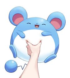 1other :d animal_focus aquabluu closed_eyes marill meme open_mouth pinching pokemon pokemon_(creature) pov pov_cheek_grabbing_(meme) pov_hands simple_background smile white_background 