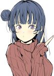  1girl absurdres blue_hair blunt_bangs breasts commentary_request hair_bun highres inward_v long_hair long_sleeves looking_at_viewer love_live! love_live!_sunshine!! medium_breasts red_sweater sidelocks single_side_bun sleeves_past_wrists solo sweater tommer tsushima_yoshiko turtleneck turtleneck_sweater upper_body violet_eyes white_background 