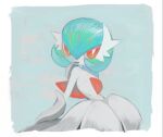  bob_cut butter_(oshi8kyoumoh) colored_skin dress elbow_gloves gardevoir gloves green_hair looking_at_viewer looking_back mega_gardevoir mega_pokemon open_mouth pink_eyes pokemon pokemon_(creature) simple_background smile strapless strapless_dress white_dress white_skin 