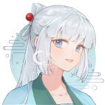  1girl artist_name bai_yuxiu blue_eyes chinese_text collarbone fengling_yuxiu grey_hair hair_ornament highres long_hair looking_at_viewer parted_lips ponytail portrait smile solo white_background white_hair 