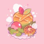  apple_pie appletun artist_name blush closed_mouth commentary food leaphere lying no_humans on_stomach pie pink_background pokemon pokemon_(creature) solo sparkle star_(symbol) 