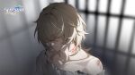  1boy aventurine_(honkai:_star_rail) blonde_hair blurry blurry_background bruise closed_mouth collarbone commentary copyright_name depth_of_field english_commentary expressionless from_side hair_over_eyes honkai:_star_rail honkai_(series) injury male_focus medium_hair messy_hair official_art prison_cell single_bare_shoulder slave_brand solo torn_clothes 
