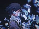  1boy blue_butterfly blue_hair bug butterfly butterfly_on_mouth chinese_commentary closed_eyes commentary_request dark_blue_hair from_side gold_trim highres jacket maizzzzzzz male_focus purple_jacket saibou_shinkyoku shirt short_hair solo stole utsugi_noriyuki white_shirt 