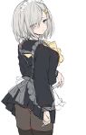  1girl alternate_costume black_pantyhose black_sailor_collar black_serafuku black_shirt black_skirt black_thighhighs blue_eyes chigasaki_yukari dress enmaided eyes_visible_through_hair from_behind grey_hair hair_ornament hair_over_one_eye hairclip hamakaze_(kancolle) highres kantai_collection looking_back maid maid_headdress pantyhose pleated_dress sailor_collar school_uniform see-through_apron serafuku shirt short_hair simple_background skirt solo thigh-highs white_background 