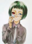  1girl akari-mmnk black_sclera breast_pocket brown_shirt collared_shirt colored_sclera eyepatch eyepatch_pull green_hair grey_background grey_necktie heterochromia highres mutsuki_tooru necktie pocket red_eyes shirt short_hair simple_background solo tokyo_ghoul tokyo_ghoul:re 