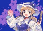  :d blonde_hair breasts brown_eyes collared_shirt commentary_request dress floral_background food fruit hand_fan happy hat hat_ribbon holding holding_fan holding_food holding_fruit itomugi-kun long_hair long_sleeves looking_at_viewer open_mouth peach puffy_sleeves purple_background purple_dress purple_ribbon ribbon shirt single_strap small_breasts smile sun_hat touhou upper_body very_long_hair watatsuki_no_toyohime white_hat white_shirt 