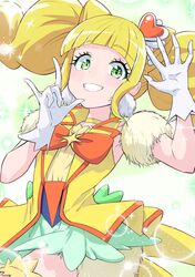  1girl \n/ absurdres blonde_hair bow commentary cone_hair_bun cure_sparkle double_bun earrings fur_armlet fur_skirt gloves green_eyes grin hair_bun hair_ornament healin&#039;_good_precure heart heart_hair_ornament highres hiramitsu_hinata jacket jewelry keijirou_(mukunozaltusou) looking_at_viewer magical_girl medium_hair miniskirt orange_bow pom_pom_(clothes) pom_pom_earrings precure skirt sleeveless sleeveless_jacket smile solo standing twintails white_gloves white_skirt yellow_jacket 