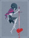  1other androgynous armor blue_background blue_hair blue_skin border clenched_hand closed_mouth colored_skin deltarune eleanor_(ohmyeleanor) english_commentary gloves hair_over_eyes heart highres holding holding_sword holding_weapon kris_(deltarune) legs_up other_focus pixel_heart scarf short_hair simple_background solo striped_clothes striped_scarf sword weapon white_border 