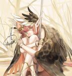  1girl armlet bare_shoulders blue_eyes bracelet brown_wings circe_(fate) circlet cross-laced_sandals fate/grand_order fate_(series) feathered_wings head_down head_on_knees head_rest head_wings hugging_own_legs jewelry knees_to_chest knees_up long_hair looking_at_viewer mizutame_tori multicolored_eyes pink_eyes pink_hair pointy_ears sitting solo winged_hair_ornament wings 