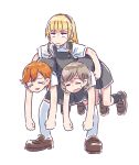  3girls :/ bad_id bad_twitter_id black_socks blonde_hair blunt_bangs brown_footwear bullfalk carrying carrying_multiple_people carrying_person closed_eyes collared_shirt commentary crying dress dress_shirt full_body grey_dress hairband heanna_sumire highres kneehighs legs_apart light_brown_hair loafers long_hair love_live! love_live!_superstar!! multiple_girls orange_hair over-kneehighs parted_bangs pinafore_dress red_hairband sanpaku school_uniform shibuya_kanon shirt shoes short_dress short_hair short_sleeves sidelocks sleeveless sleeveless_dress socks standing summer_uniform swept_bangs tang_keke thigh-highs triangle_mouth u_u v-shaped_eyebrows white_background white_shirt white_thighhighs yuigaoka_school_uniform 