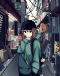  1girl bag bag_charm black_bag black_hat brown_hair charm_(object) earrings godzilla_(series) green_hoodie highres hood hoodie itochin_d jewelry looking_at_viewer medium_hair original outdoors road road_sign shoulder_bag sign solo standing street utility_pole 