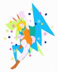  1girl :3 animal_ears arm_up artist_name blonde_hair boots cape carrot_(one_piece) confetti dress english_commentary flower full_body green_cape highres one_piece orange_dress rabbit_ears rabbit_girl rabbit_tail saramusketches short_hair solo standing standing_on_one_leg tail 