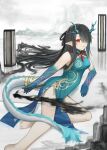  1girl absurdres arknights black_hair china_dress chinese_clothes dragon_girl dragon_horns dragon_tail dress dusk_(arknights) dusk_(everything_is_a_miracle)_(arknights) earrings gradient_skin green_dress green_horns highres horns jewelry long_hair looking_at_viewer multicolored_hair red_eyes solo streaked_hair tail tail_ornament tail_ring tassel tassel_earrings we_usagi 
