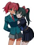  2girls :3 aqua_jacket arm_hug azumaya_koyuki bending betti_(xx_betti) black_hair black_jacket black_skirt bow breasts brown_eyes collared_shirt cowboy_shot dot_nose double-parted_bangs double_arm_hug green_eyes grey_skirt hair_between_eyes hair_bow highres hinata_natsumi jacket keroro_gunsou lapels layered_clothes leaning_on_person long_hair long_sleeves looking_at_viewer miniskirt multiple_girls necktie pleated_skirt ponytail red_bow red_necktie redhead sailor_collar school_uniform shade shirt short_hair short_twintails side-by-side simple_background skirt small_breasts smile split_mouth standing twintails white_background white_shirt 