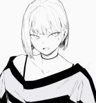  1girl camisole choker collarbone ear_piercing fang greyscale looking_at_viewer mee_(sohin) monochrome off_shoulder open_mouth original piercing pointy_ears shirt short_hair single_bare_shoulder slit_pupils sohin solo spot_color teardrop_facial_mark upper_body 