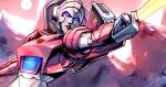  1girl arcee armor autobot blue_eyes colored_skin dataglitch energy_sword helmet humanoid_robot lina_rojas metal_skin red_lips robot robot_girl solo sword the_transformers_(idw) transformers weapon white_skin 
