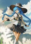  1girl :d absurdres ayumu_ad black_skirt blue_eyes blue_hair blue_sky boots braid clouds commentary hat highres long_hair long_sleeves mushoku_tensei open_mouth outdoors roxy_migurdia shirt skirt sky smile solo twin_braids white_shirt witch_hat 