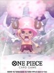  1boy antlers commentary_request copyright_name cross crying crying_with_eyes_open fir_tree flag hat horns night night_sky official_art one_piece one_piece_card_game petals pink_hat pink_petals reindeer_antlers ryudaman shorts sky snowing solo tears tony_tony_chopper tree 