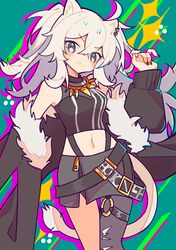  1girl :3 animal_ears belt black_belt blue_background breasts closed_mouth coat fur-trimmed_coat fur_trim grey_eyes grey_hair grey_skirt grey_thighhighs hand_up highres hololive honoca6190 jewelry light_blush lion_ears lion_girl lion_tail long_hair looking_at_viewer medium_breasts midriff_peek navel necklace open_clothes open_coat purple_nails shishiro_botan shishiro_botan_(1st_costume) single_thighhigh skirt solo sparkle tail thigh-highs tooth_necklace twintails virtual_youtuber white_hair 