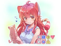  1girl ahoge animal_ear_fluff animal_ears blush brown_hair cat_ears cat_girl cat_tail fang highres icorasama long_hair machikado_mazoku tail translation_request yoshida_yuuko_(machikado_mazoku) 