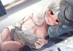  absurdres grey_hair highres hololive holox long_hair lying nail_polish on_bed pill pov_across_bed sakamata_chloe see-through shagaihi sick solo sweat tearing_up virtual_youtuber 