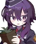  1girl black_hat blue_archive flower_pot garrison_cap gil_(gil_261) hair_between_eyes hair_ornament hairclip haruka_(blue_archive) hat highres holding holding_flower_pot long_sleeves looking_at_viewer plant potted_plant purple_hair simple_background solo upper_body violet_eyes white_background 