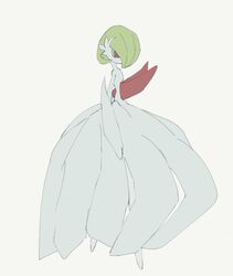  dress gardevoir green_hair mega_gardevoir no_humans pokemon pokemon_(creature) red_eyes simple_background sketch solo standing user_cmkh5278 white_dress 