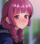  1girl black_bow blue_sailor_collar blue_shirt blunt_bangs blurry blurry_background blush bocchi_the_rock! bow braid closed_mouth commentary hair_bow hair_over_shoulder hiroi_kikuri kingu_(whalekingu) long_hair looking_at_viewer nose_blush portrait purple_hair sailor_collar shirt sidelocks single_braid solo violet_eyes 