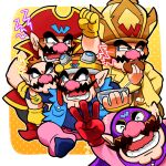  5boys big_nose cleft_chin doughnut facial_hair fingerless_gloves food gloves goggles goggles_on_headwear hat helmet holding_doughnut hoshi_(star-name2000) motorcycle_helmet multiple_boys mustache pants pink_pants pirate_costume pirate_hat pointy_ears pot_on_head red_eyes red_gloves superhero_costume tiny_wario wario wario-man wario_deluxe warioware yellow_gloves 