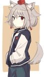  1girl alternate_costume animal_ears blue_jacket blue_pants hands_in_pockets hat highres inubashiri_momiji jacket komineya_san leaf_print looking_at_viewer pants red_eyes short_hair solo tail tokin_hat touhou track_jacket white_hair wolf_ears wolf_tail 