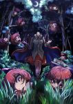  1girl black_shirt bow cloak commentary_request crescent_moon disembodied_head forest grass hair_bow highres long_sleeves looking_at_viewer moon multiple_heads nature open_mouth outdoors red_eyes red_skirt redhead sekibanki sekibanki_day shioshio_(betabetarimocon) shirt skirt standing touhou tree 