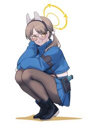  1girl animal_ears black_footwear black_pantyhose blue_archive blue_skirt blue_sweater boots brown_hair fake_animal_ears glasses grin halo highres long_hair long_sleeves moe_(blue_archive) pantyhose pleated_skirt projectorzero rabbit_ears round_eyewear simple_background skirt smile solo squatting sweater twintails white_background yellow_eyes yellow_halo 