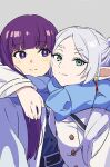  2girls blue_scarf coat earrings elf fern_(sousou_no_frieren) frieren green_eyes hacheukoi hug jewelry long_hair looking_at_another looking_at_viewer multiple_girls pointy_ears purple_hair scarf simple_background sousou_no_frieren violet_eyes white_background white_coat white_hair winter_clothes 