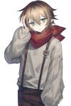  1boy bags_under_eyes bishounen blonde_hair blue_eyes brown_pants buttons closed_mouth english_commentary frown hand_on_own_head highres ilangasa jitome long_sleeves looking_to_the_side original pants pointy_ears puffy_long_sleeves puffy_sleeves red_scarf scarf shirt short_hair simple_background solo suspenders vampire white_background white_shirt 