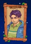  1boy blue_eyes blue_jacket blue_sky character_name closed_mouth collared_shirt commentary english_commentary facial_hair frown green_shirt highres jacket leaf looking_at_viewer male_focus mimpish open_clothes open_jacket picture_frame pixel_art portrait purple_hair shane_(stardew_valley) shirt short_bangs sky solo star_(sky) stardew_valley starry_sky stubble 