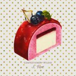  berry blueberry cake cake_slice food food_focus fruit highres nasie no_humans original polka_dot polka_dot_background red_velvet_cake 