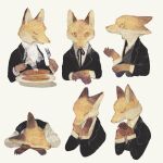  animal animal_focus black_jacket black_ribbon blazer buttons claws closed_eyes clothed_animal collared_jacket collared_shirt collared_vest eating food fork fox grey_vest hand_on_hand handkerchief hands_on_own_cheeks hands_on_own_face head_on_arm high_collar highres holding holding_fork holding_knife jacket knife lapels licking_lips multiple_views neck_ribbon no_humans notched_lapels original outstretched_hand pancake plate ribbon shadow shirt simple_background sleeping straight-on tongue tongue_out tono_(rt0no) vest white_background white_shirt 