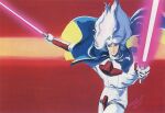  1980s_(style) 1985 1boy blue_hair cape character_request dated dual_wielding energy_sword gloves holding juusenki_l-gaim kitazume_hiroyuki long_hair looking_at_viewer official_art promotional_art retro_artstyle scan science_fiction sword traditional_media uniform weapon 