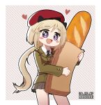  1girl :d animal_ears artist_name bag baguette beret black_necktie blonde_hair blush_stickers bread commentary_request commission cowboy_shot dated fake_animal_ears food girls_frontline green_jacket grey_skirt hair_between_eyes hat heart holding holding_bag holding_food jacket korean_commentary long_hair long_sleeves m3_(girls&#039;_frontline) madcore military_uniform necktie open_mouth paper_bag pixiv_commission pleated_skirt ponytail red_hat shirt simple_background skirt smile solo sparkling_eyes striped_background uniform variant_set very_long_hair violet_eyes white_shirt 